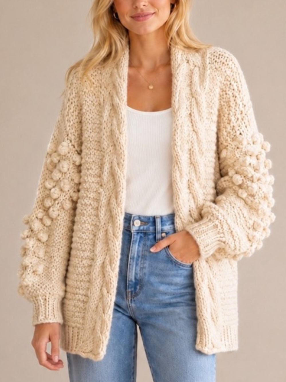 Chicwish Cream Chunky Knit Heart Bobble Sleeve Cardigan Wool Blend nbnn